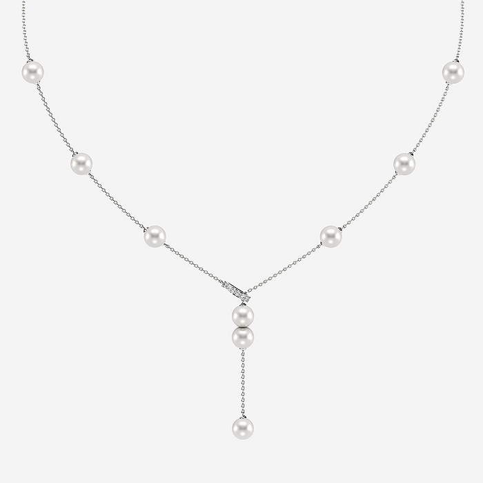 Pearl Lariat - 6.5 - 7.0 mm Cultured Freshwater Pearl and 1/8 ctw Lab Grown Diamond Lariat Necklace